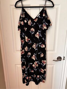 Sienna Sky Black Midi Dress with Cream and Red Floral Print
